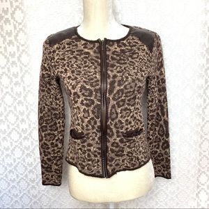 Chico's Brown Animal Cheetah Print Front Zip Cardigan Jacket Wool Blend Leather